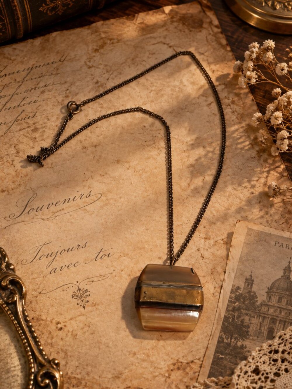 Vintage Horn & Brass Block Pendant Necklace | Geometric Modernist Statement Piec